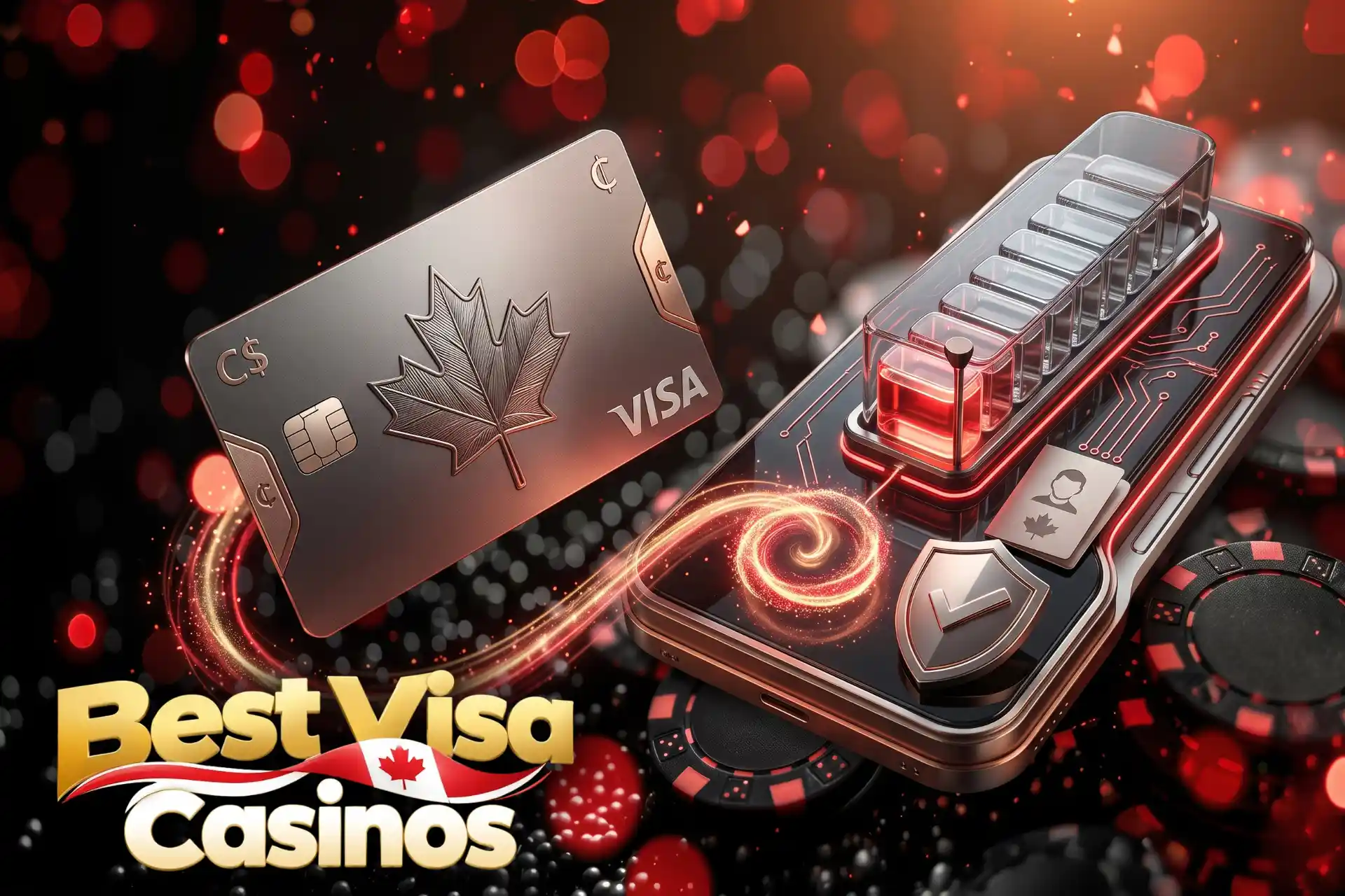 Fast and secure online casino deposit process using Visa, illustrated by a Canadian credit card transferring funds into a futuristic mobile terminal.