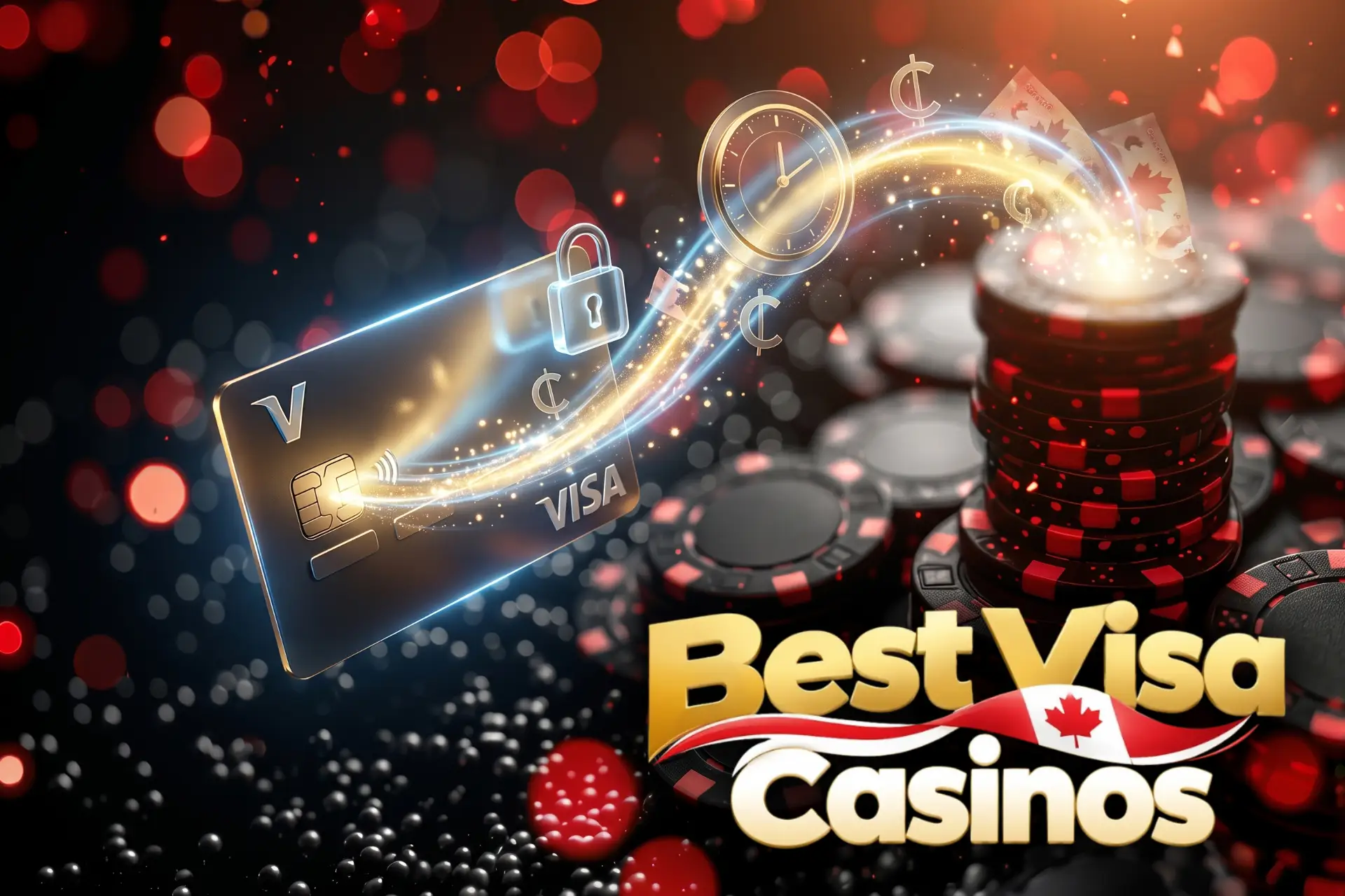 Quick payout processing times at Best Visa Casinos, shown as a stream of Canadian currency flowing through an illuminated clock to a black Visa card.