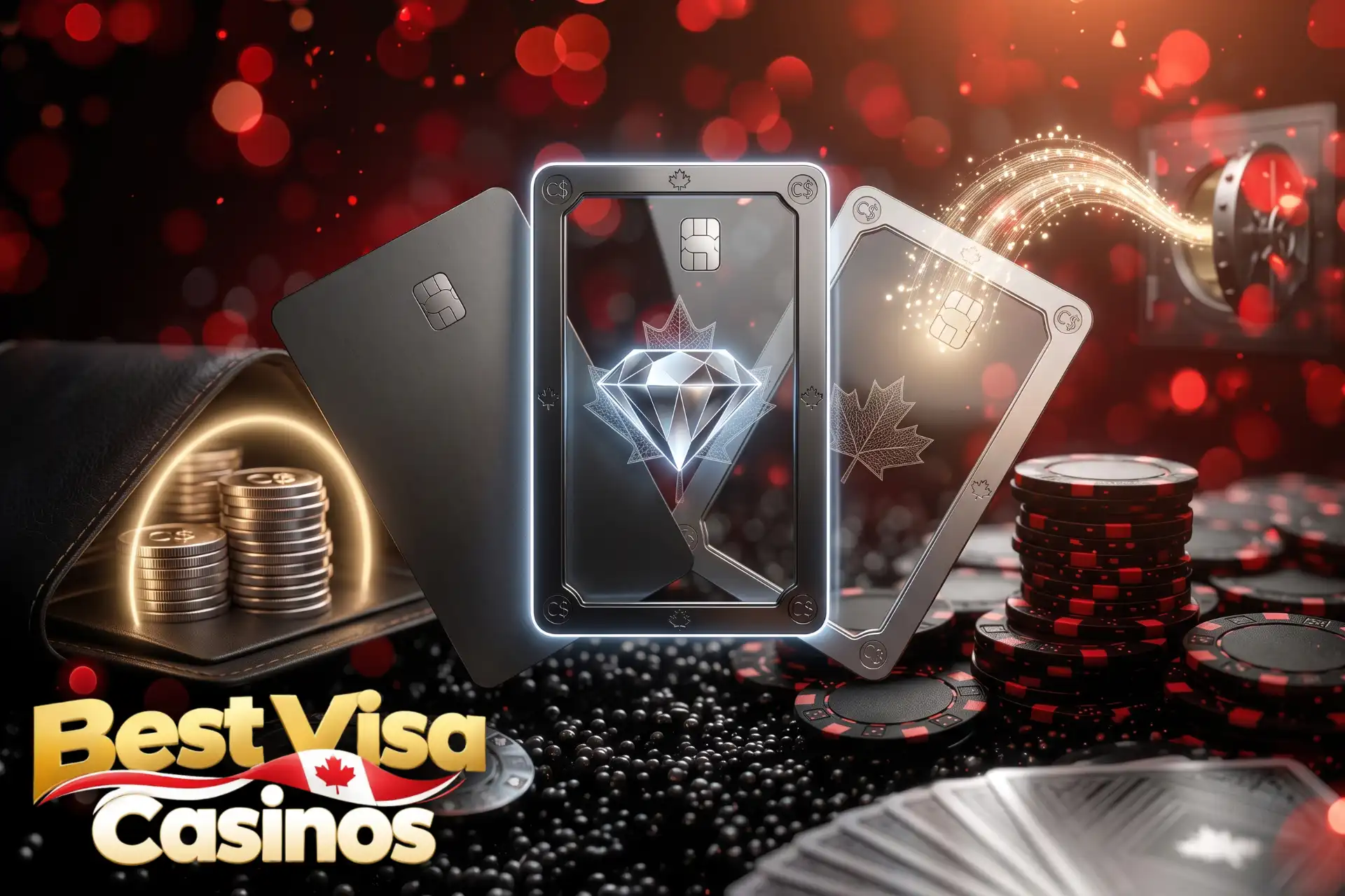 Different types of Visa cards accepted at online gambling sites, displayed with black, silver, and diamond glass cards next to a wallet and open safe.
