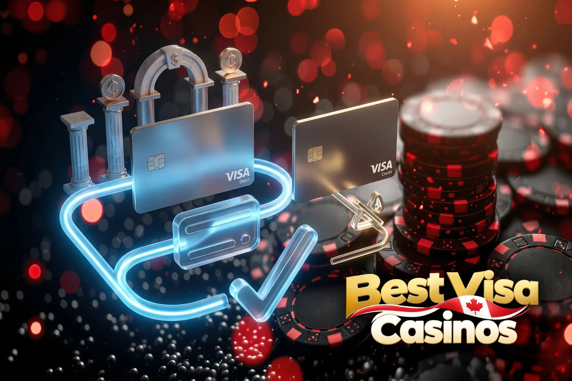 Overview of transaction fees and deposit limits at Best Visa Casinos, depicted by Visa Debit and Credit cards set against neon classical pillars.