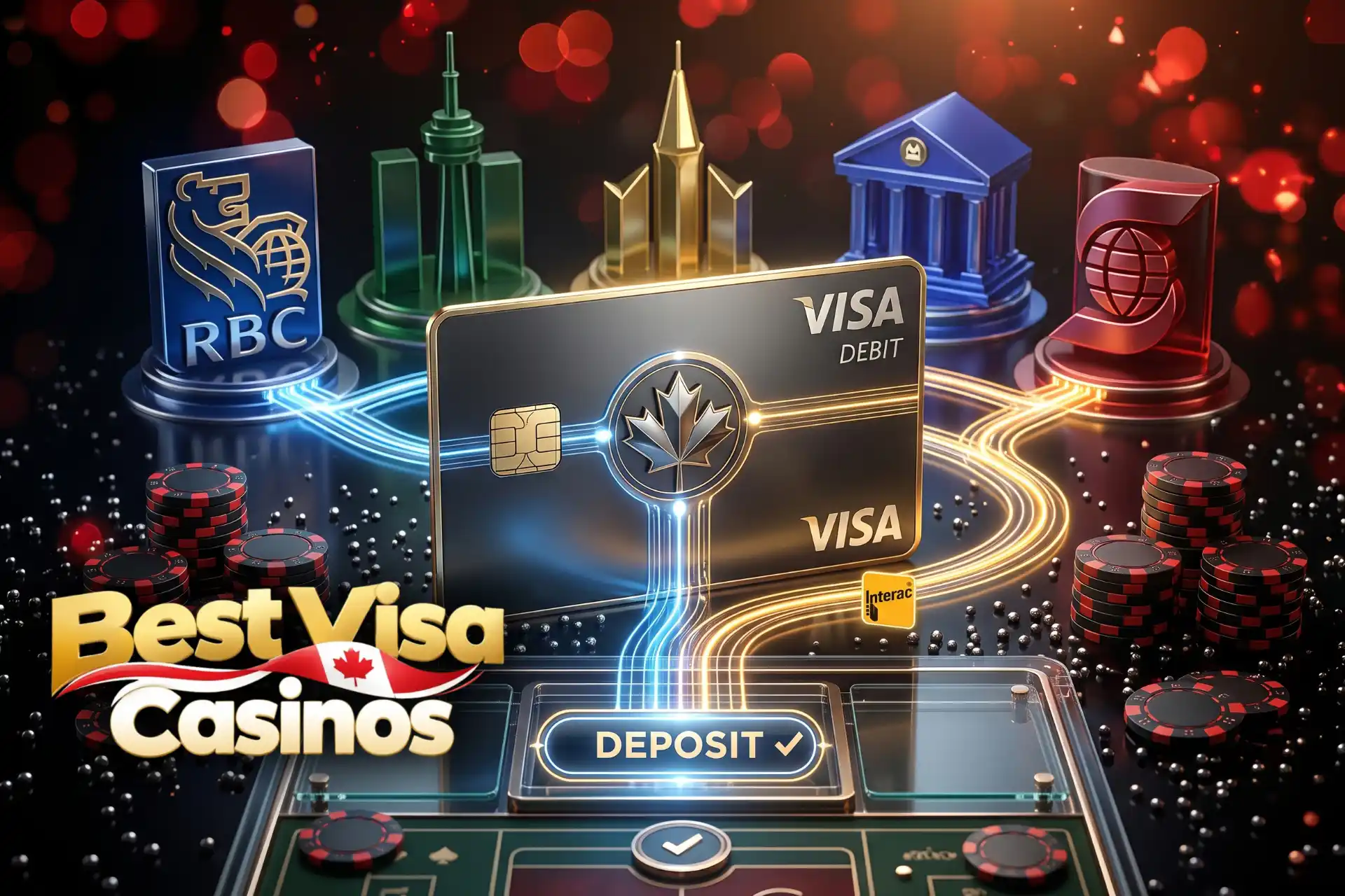 Compatibility of major Canadian banks with Visa casino payments, shown by a debit card wired to miniature 3D models of prominent financial institutions.