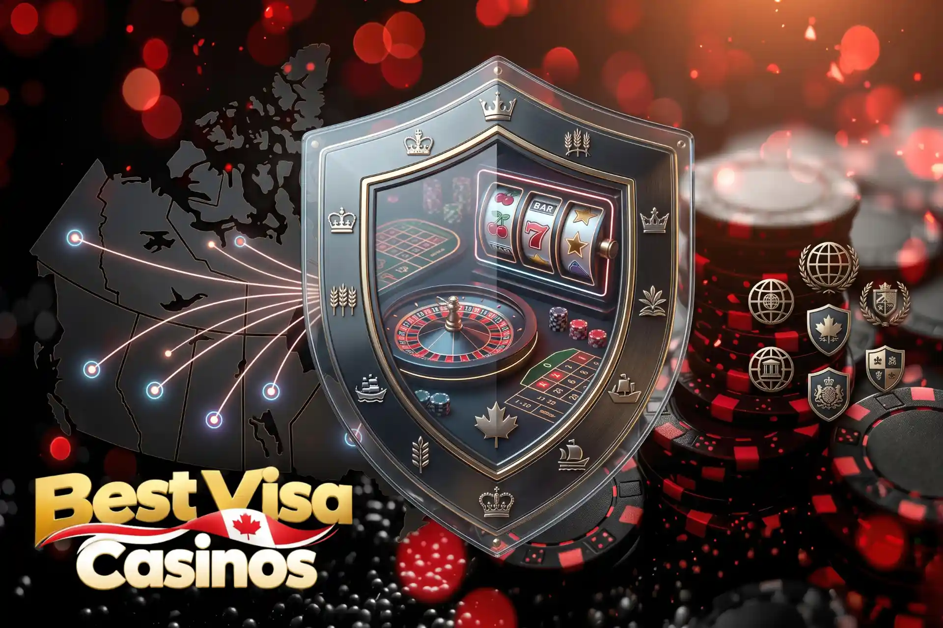 Legal status of online gambling in Canada and provincial rules at Best Visa Casinos, highlighted by a Canadian map and a casino-themed crest shield.