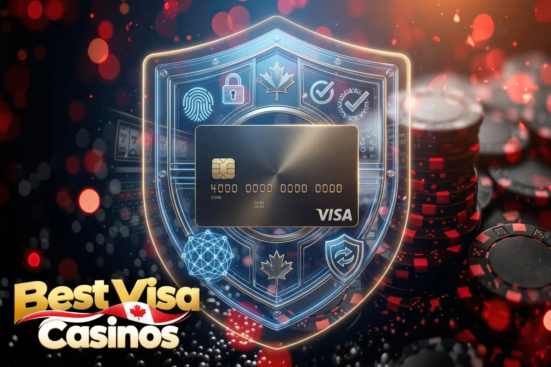 Advanced payment security and biometric data protection, portrayed by a black Visa card centered in a high-tech glowing shield with cybersecurity icons.